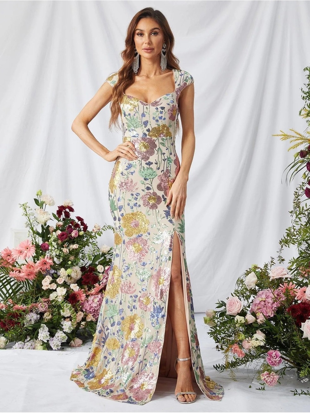 Faeriesty Floral Sequin Cap-Sleeve Sweetheart Neck Evening Gown - Cream Multi